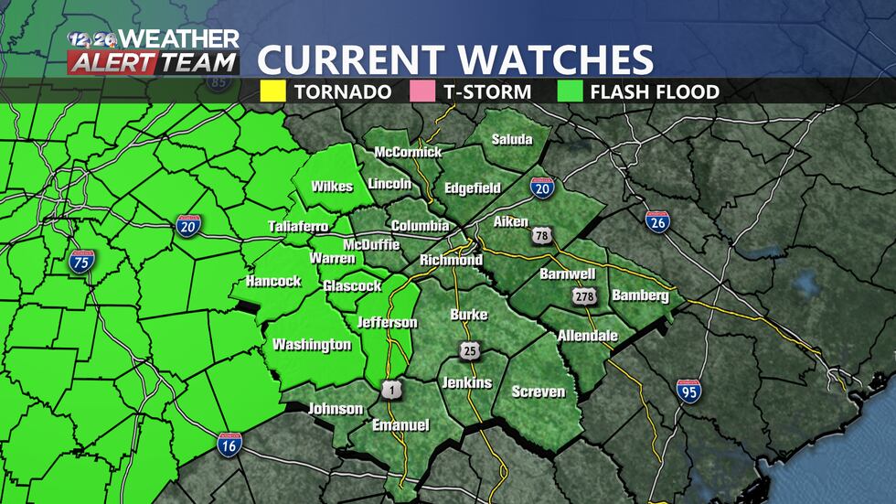 Flash Flood Watch in effect for western counties of the CSRA until 8 AM Friday. A watch means conditions will be favorable for flash flooding to occur.