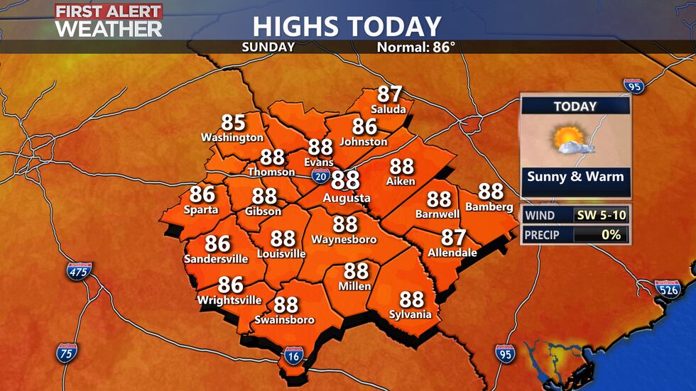 Warm Sunday afternoon with highs in the upper 80s.