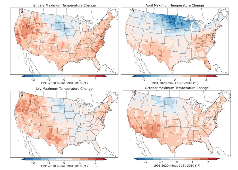 These 4 images show the difference in temperature when comparing the 1981-2010 and 1991-2020...