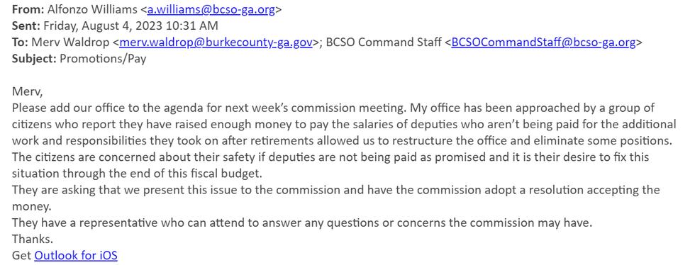Sheriff Williams email to County Manager Merv Waldrop