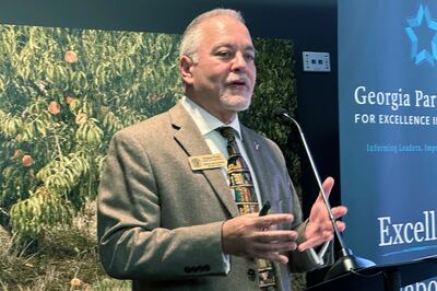 FILE - Georgia Superintendent of Schools Richard Woods speaks to reporters, Jan. 5, 2024, in...