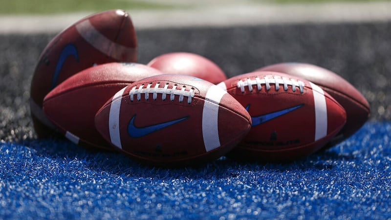 AMHERST, NY - APRIL 30: Footballs sit on the turf during the University at Buffalo Spring Game...