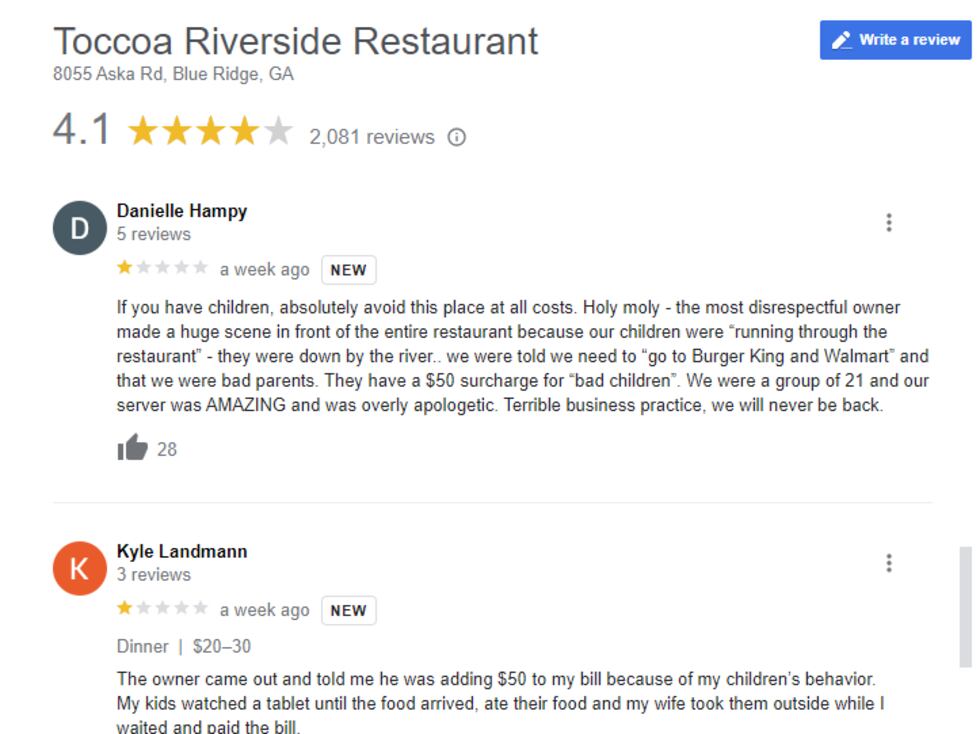 Two Google reviews from Toccoa Riverside Restaurant commenting on "adults unable to parent"...