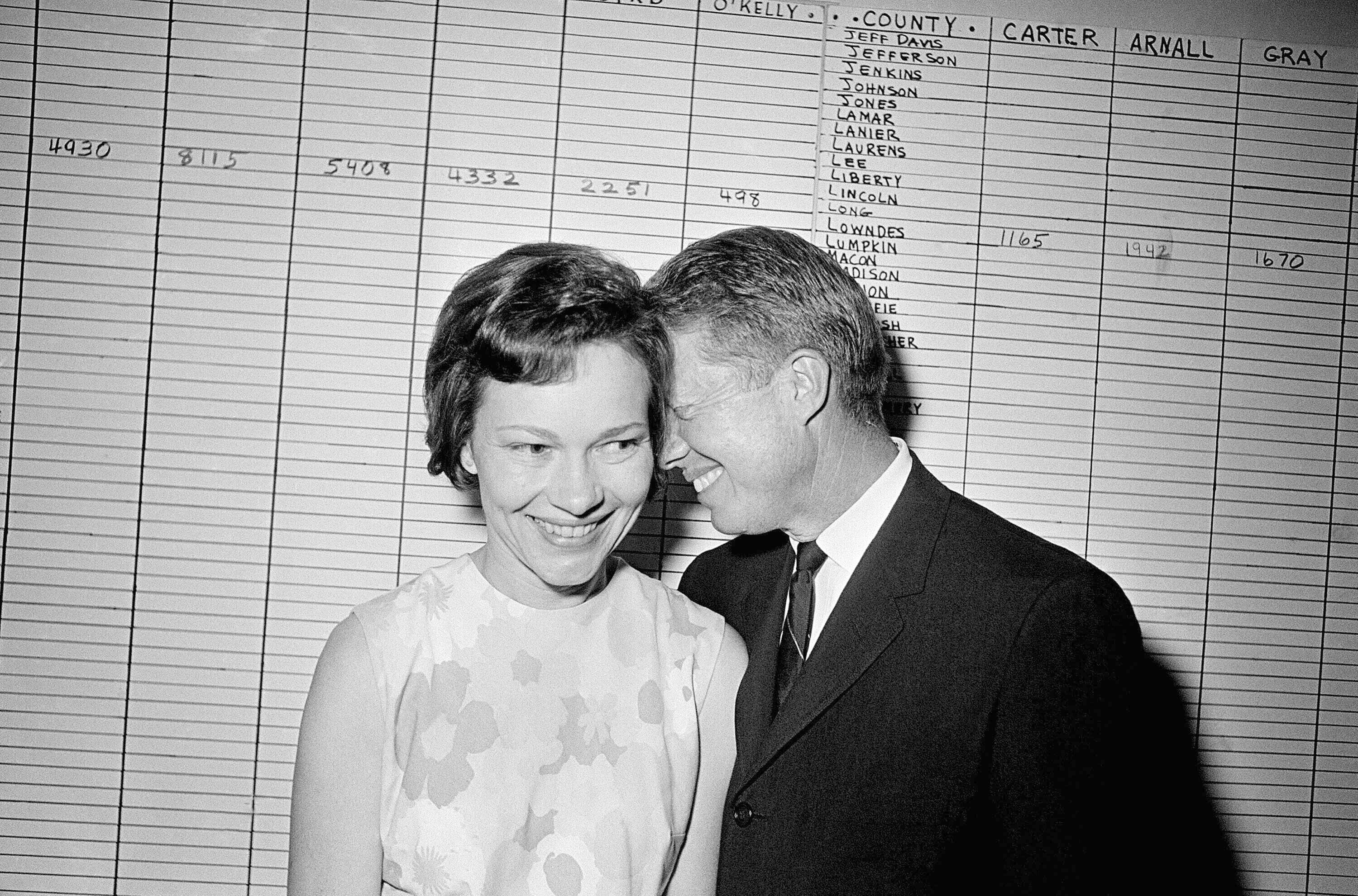 FILE - In this Sept. 15, 1966, file photo, then Georgia State Sen. Jimmy Carter hugs his wife,...