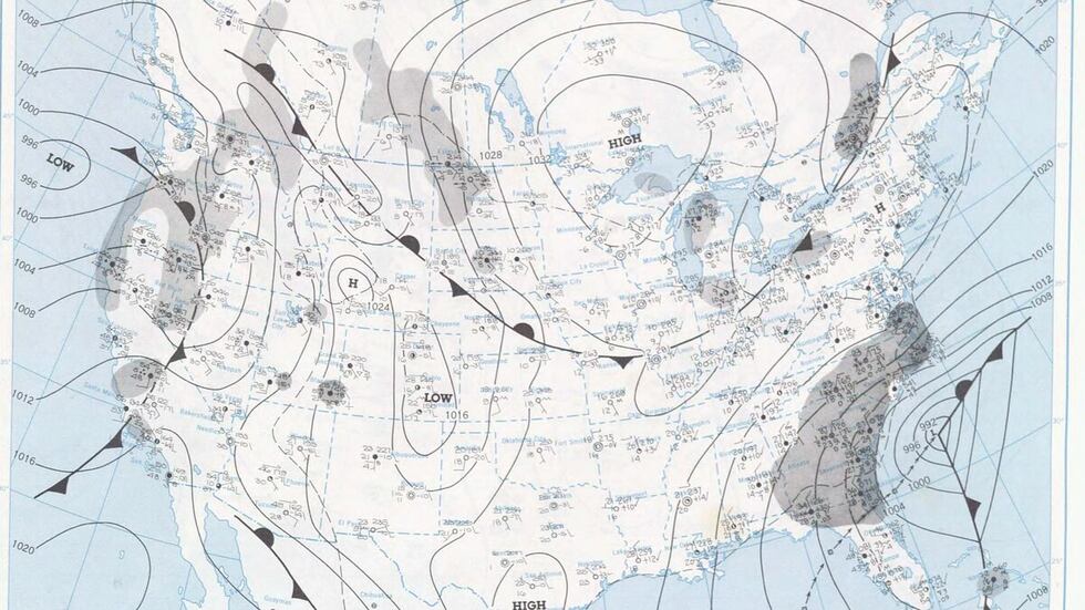 The surface map from February 10th, 1973 showing a strong area of low pressure off the...