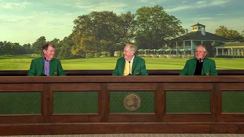 From left, Tom Watson, Jack Nicklaus and Gary Player participate in a news conference after...