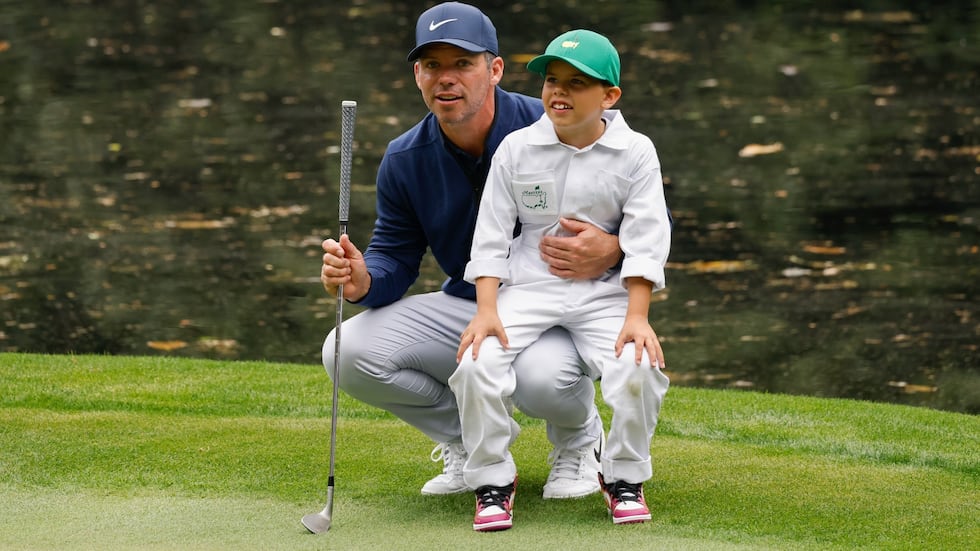 Paul Casey of England on No. 9 during the Par 3 Contest for the Masters at Augusta National...