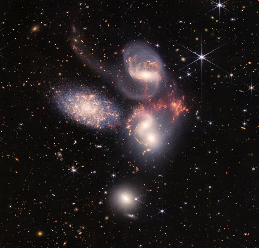 In Webb’s image of Stephan’s Quintet, we see 5 galaxies, 4 of which interact.