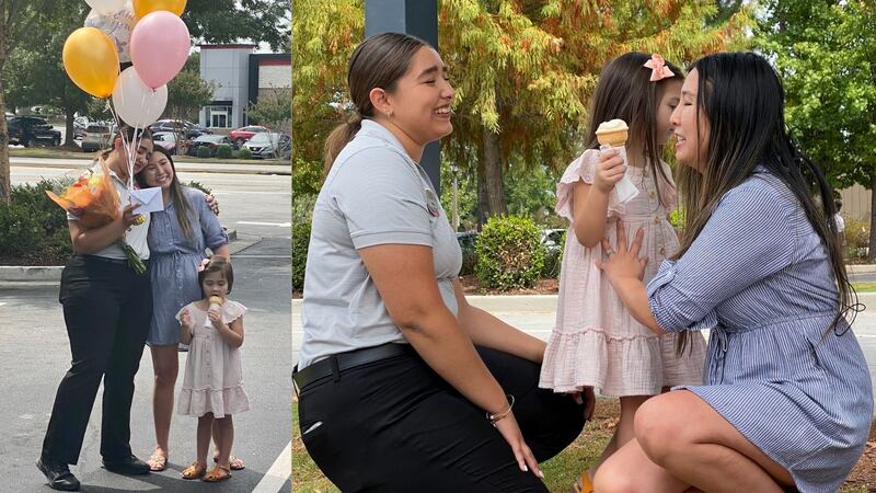 Mia Velez stands next to little Theia and her mom