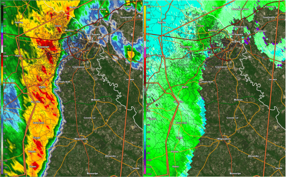 Radar loop over Burke County showing the very intense winds of the downburst between McBean and...
